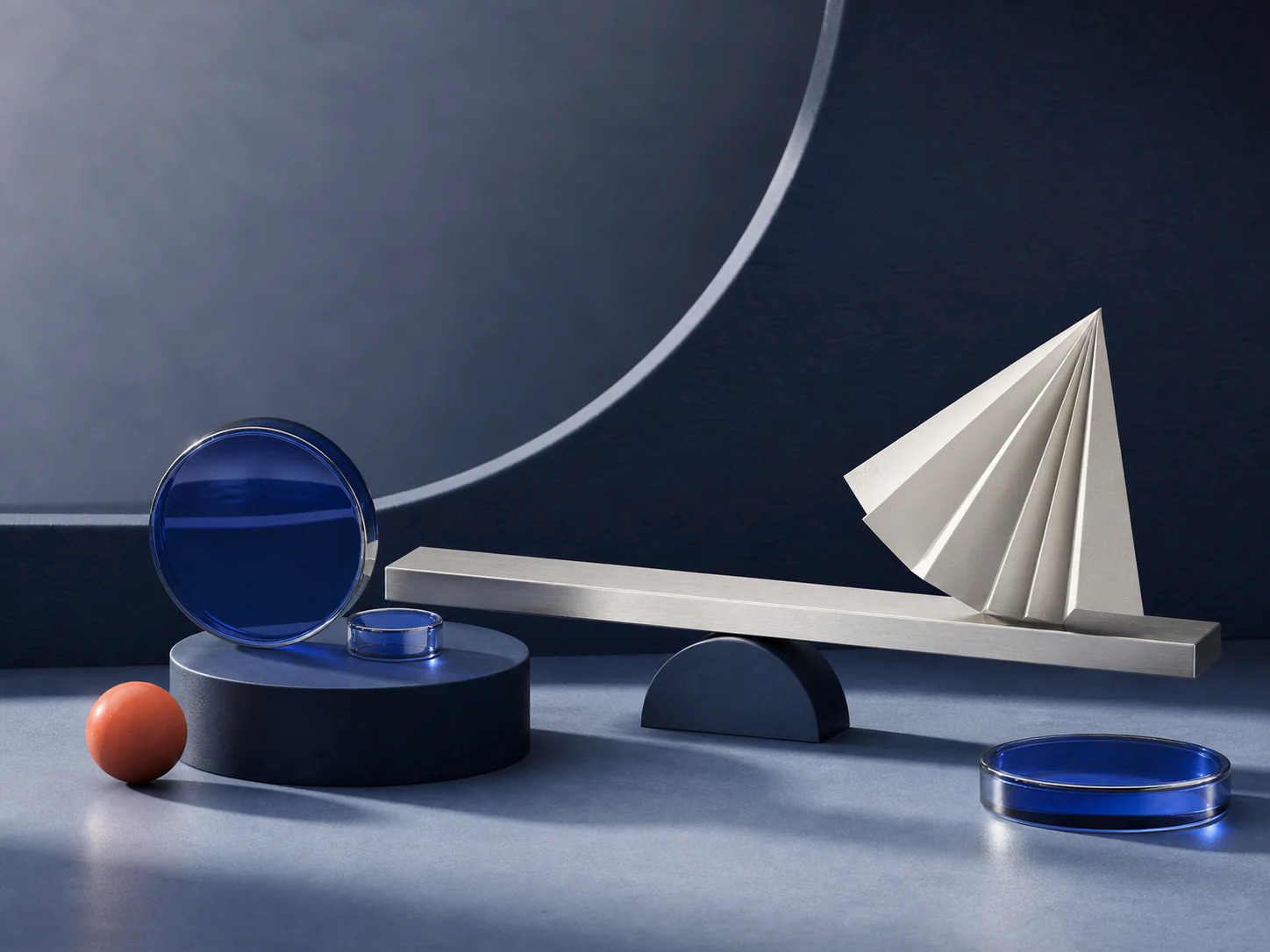 Sculptural balance arrangement in indigo glass, aluminum, and folded paper