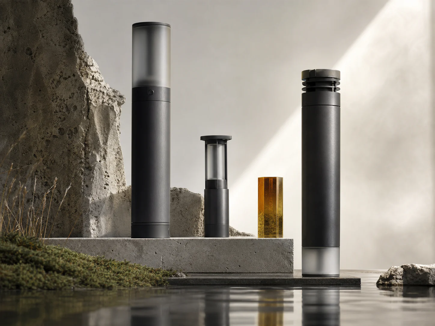 Minimal climate sensing instruments arranged among stone, moss, and water