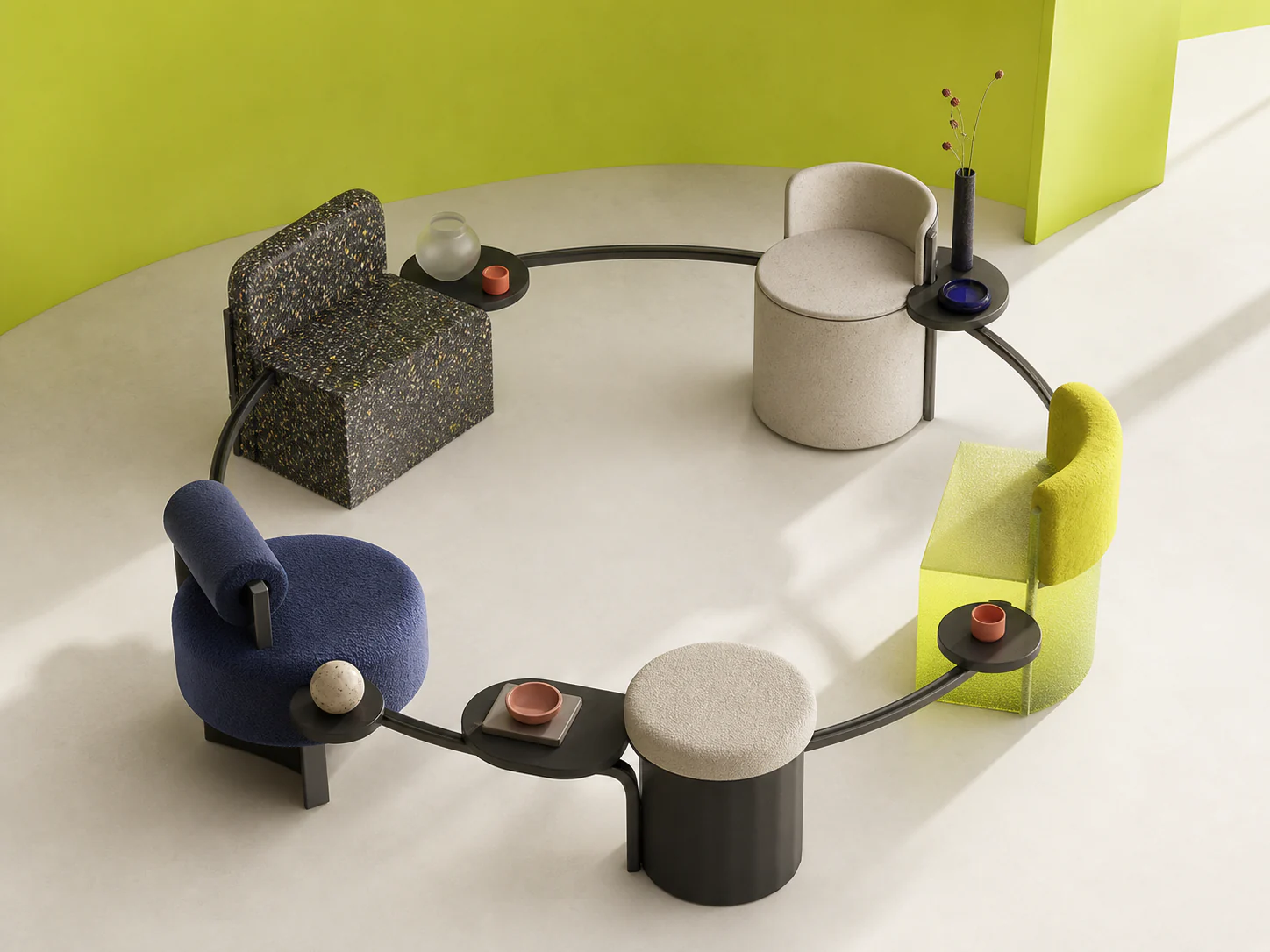 Circular collection of connected sculptural seats in a luminous studio